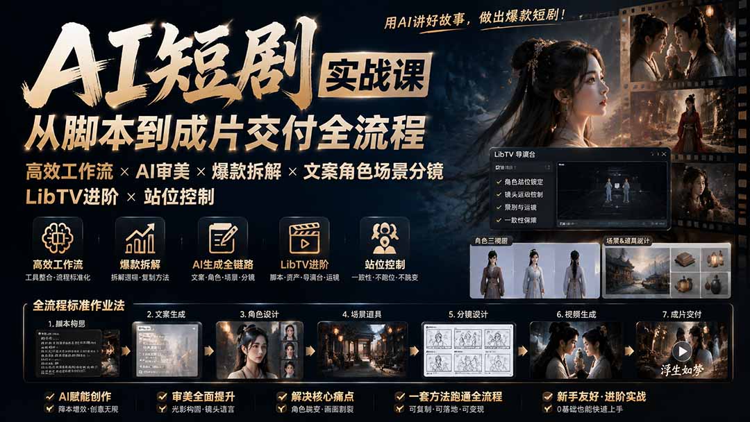 AI短剧实战课:高效工作流×AI审美×爆款拆解×文案角色场景分镜×LibTV进阶×站位控制×从脚本到成片交付全流程-资源社