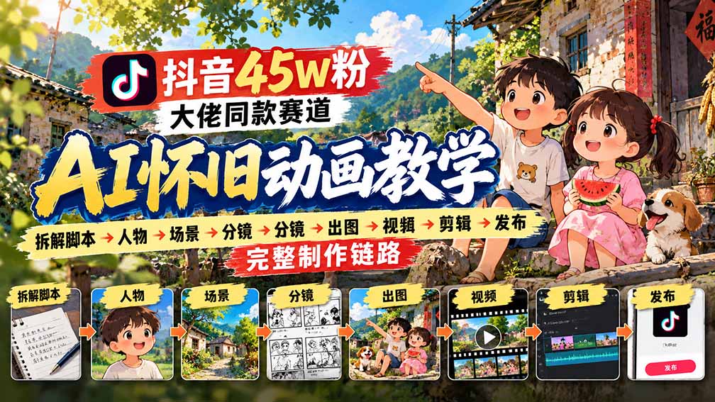 抖音45W粉大佬同款赛道AI怀旧动画教学：拆解脚本→人物→场景→分镜→出图→视频→剪辑→发布完整制作链路-资源社