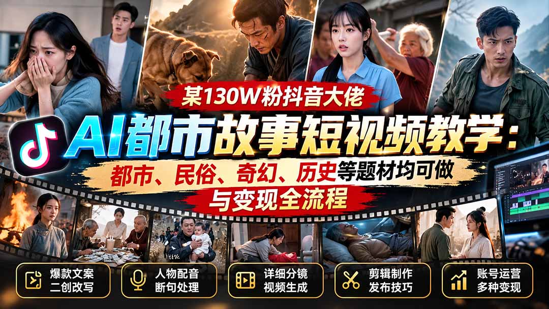 某130W粉抖音大佬AI都市故事短视频教学：都市、民俗、奇幻、历史等题材均可做与变现全流程-资源社