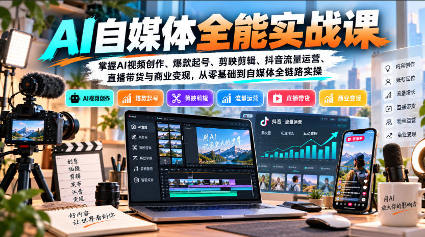 【无水印】AI自媒体全能实战课,掌握AI视频创作、爆款起号、剪映剪辑、抖音流量运营、直播带货与商业变现,从零基础到自媒体全链路实操-资源社