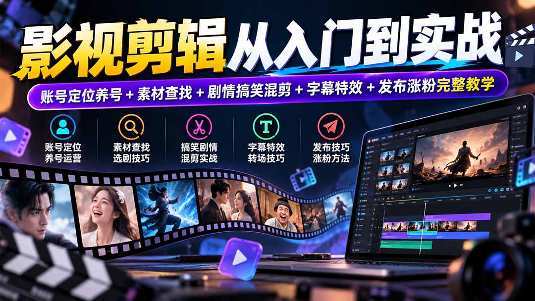 影视剪辑从入门到实战:账号定位养号+素材查找+剧情搞笑混剪+字幕特效+发布涨粉完整教学-资源社
