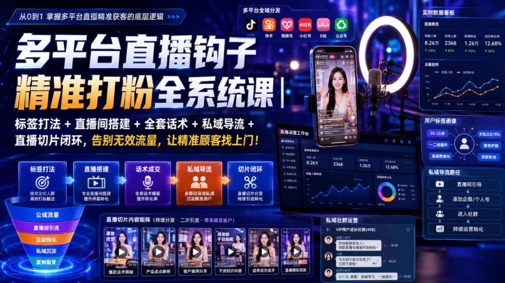 多平台直播钩子精准打粉全系统课|标签打法+直播间搭建+全套话术+私域导流+直播切片闭环,告别无效流量,让精准顾客找上门!-资源社