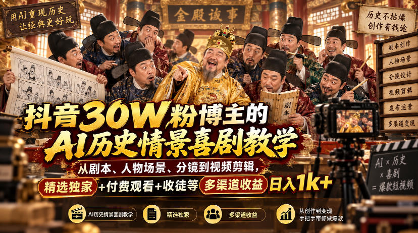 抖音30W粉博主的AI历史情景喜剧教学,从剧本、人物场景、分镜到视频剪辑,精选独家+付费观看+收徒等多渠道收益日入1k+-资源社