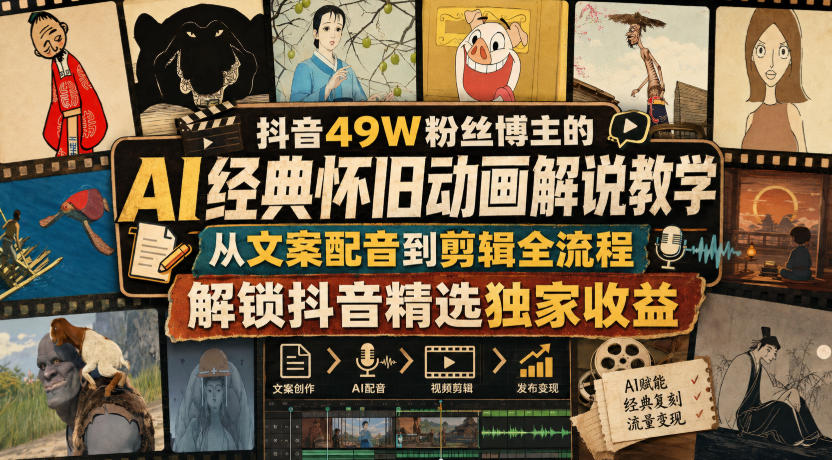 抖音49W粉丝博主的AI经典怀旧动画解说教学，从文案配音到剪辑全流程，解锁抖音精选独家收益-资源社
