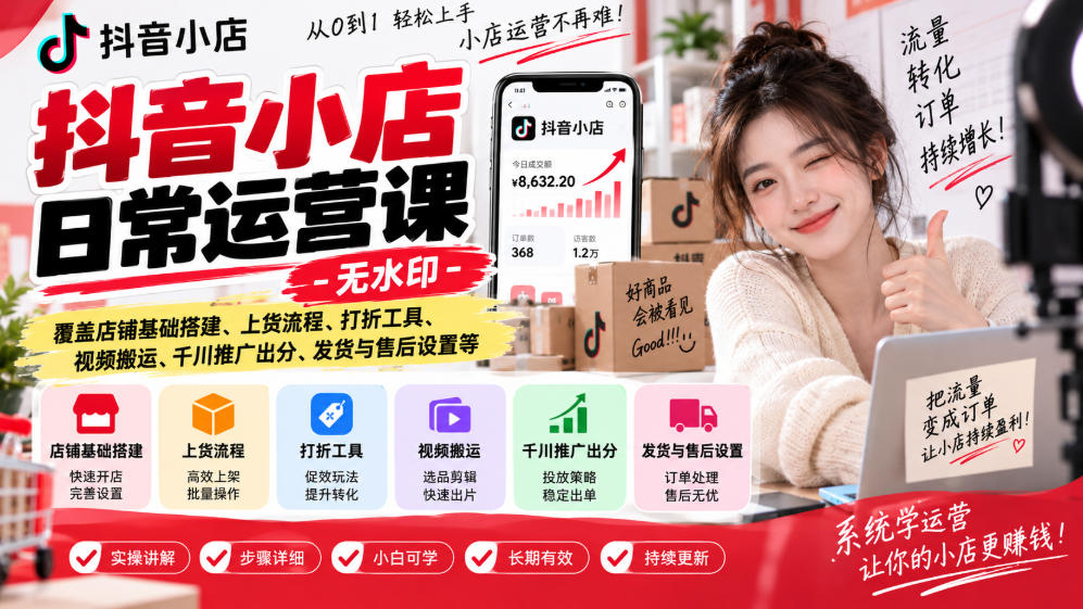 抖音小店日常运营课-无水印,覆盖店铺基础搭建、上货流程、打折工具、视频搬运、千川推广出分、发货与售后设置等-资源社