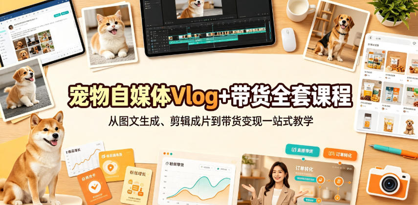 宠物自媒体Vlog+带货全套课程|从图文生成、剪辑成片到带货变现一站式教学-资源社