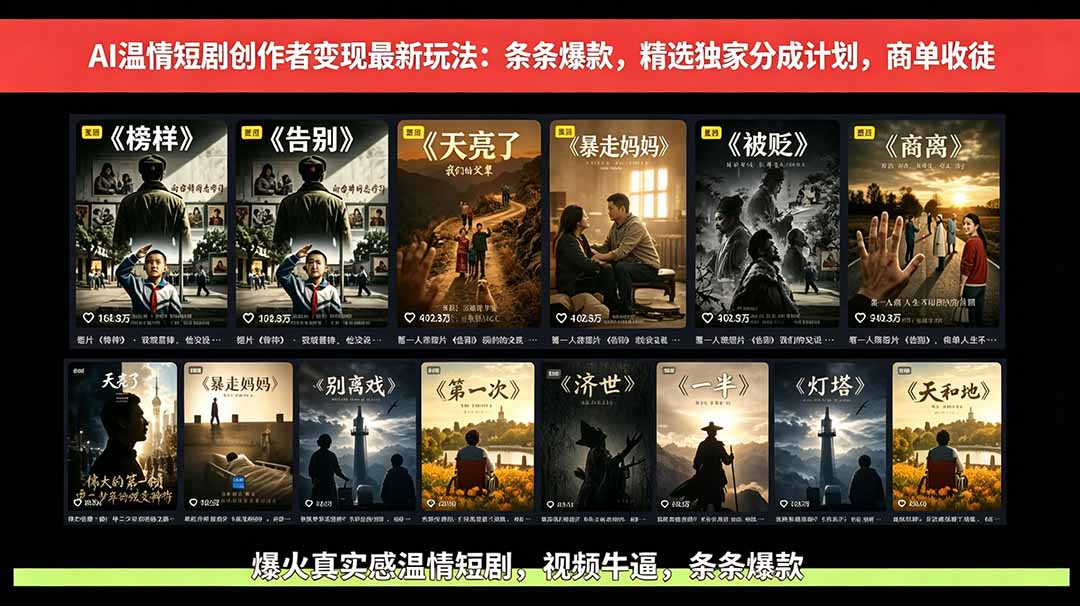 AI温情短剧创作者变现最新玩法：视频牛逼，条条爆款，精选独家分成计划，商单收徒-资源社