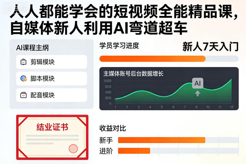 人人都能学会的短视频全能精品课，自媒体新人利用AI弯道超车-资源社