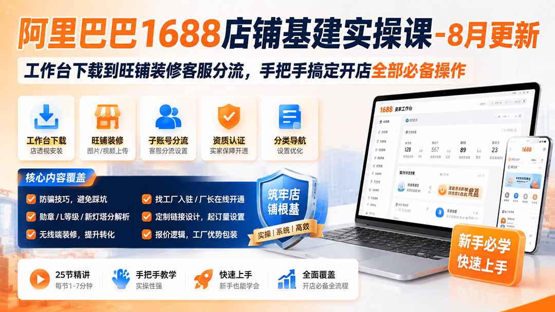 阿里巴巴1688店铺基建实操课-8月更新；工作台下载到旺铺装修客服分流，手把手搞定开店全部必备操作-资源社