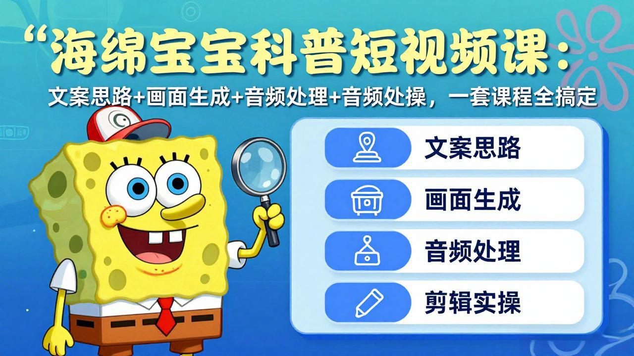 海绵宝宝科普短视频课：文案思路+画面生成+音频处理+剪辑实操，一套课程全搞定-资源社