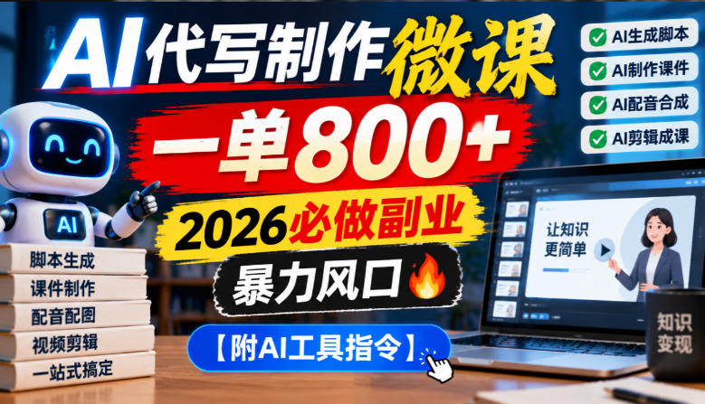AI代写制作微课,一单800+,2026必做副业,暴力风口【附AI工具指令】【揭秘】-资源社