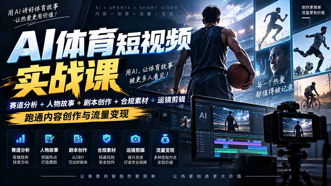 AI体育短视频赛道顶级玩法|赛道分析+人物故事+剧本创作+版权处理+运镜剪辑,跑通流量变现-日赚1K+-资源社