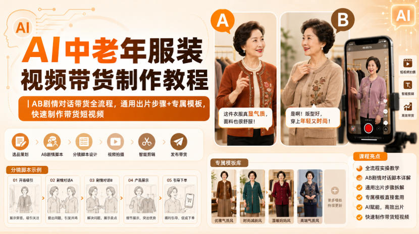 AI中老年服装视频带货制作教程|AB剧情对话带货全流程,通用出片步骤+专属模板,快速制作带货短视频-资源社