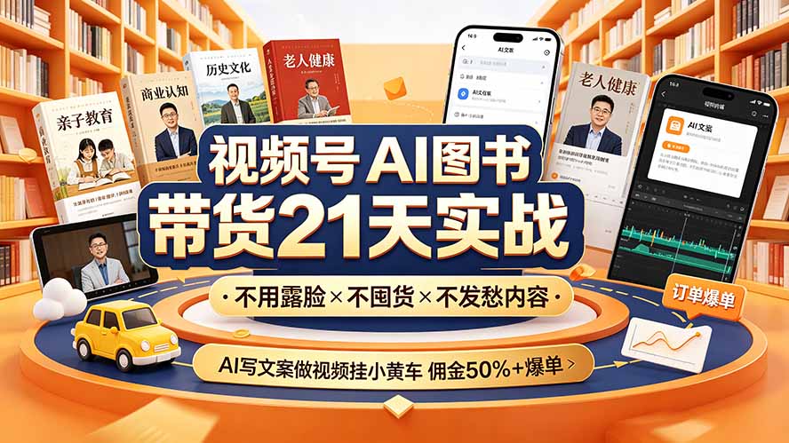 视频号AI图书带货21天实战:不用露脸×不囤货×不发愁内容,AI写文案做视频挂小黄车,佣金50%+爆单-资源社