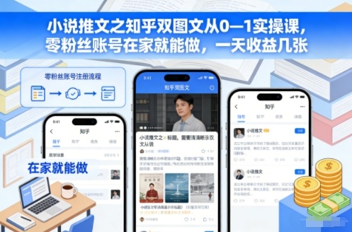 小说推文之知乎双图文从0—1实操课,零粉丝账号在家就能做,一天收益几张-资源社