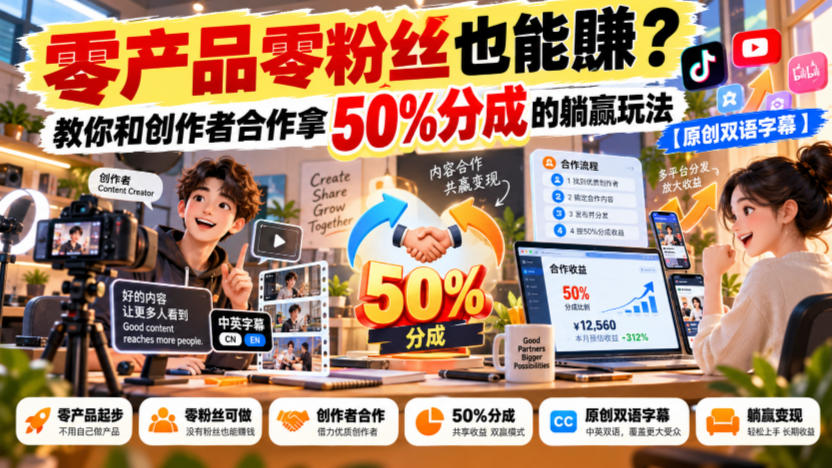 【无水印】零产品零粉丝也能賺?教你和创作者合作拿50%分成的躺赢玩法【原创双语字幕】-资源社