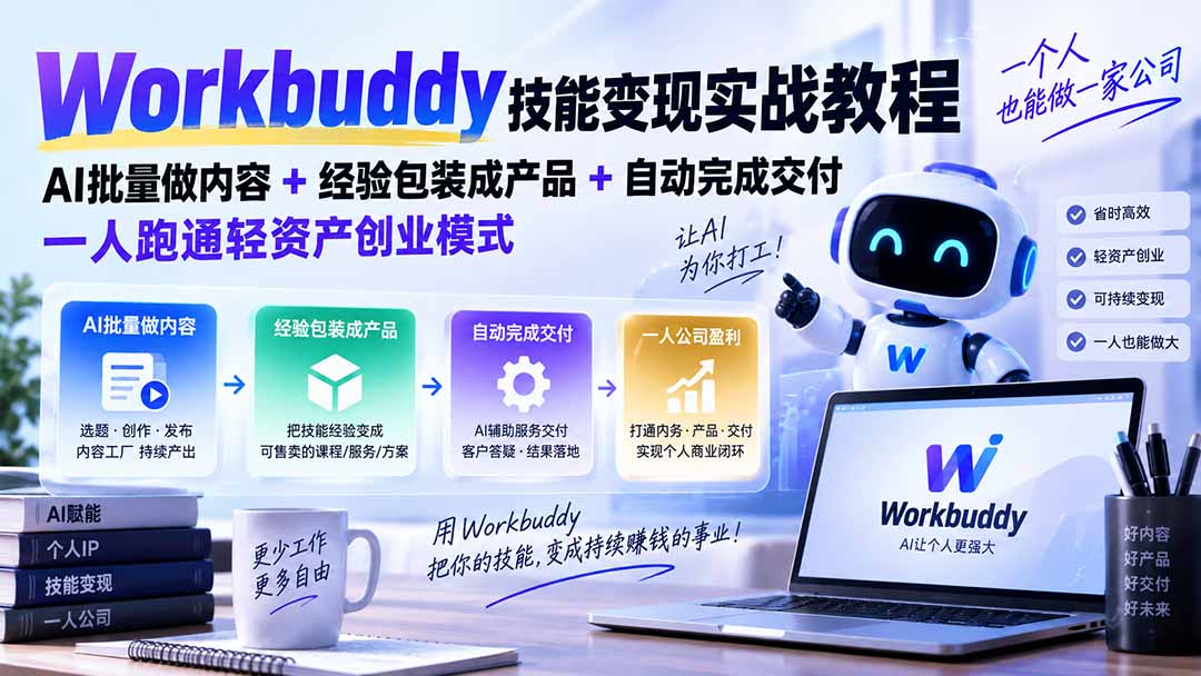 Workbuddy技能变现实战教程：AI批量做内容+经验包装成产品+自动完成交付，一人跑通轻资产创业模式-资源社