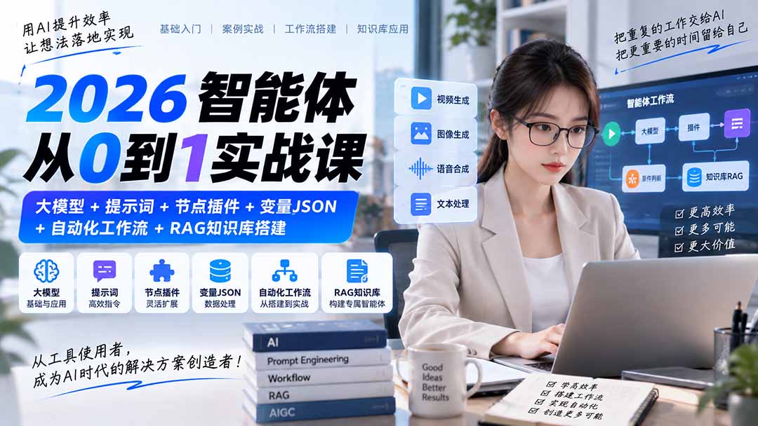 2026智能体从0到1实战课｜大模型+提示词+节点插件+变量JSON+自动化工作流+RAG知识库搭建-资源社