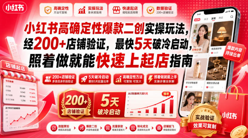 小红书高确定性爆款二创实操玩法,经200+店铺验证,最快5天破冷启动,照着做就能快速上起店指南-资源社