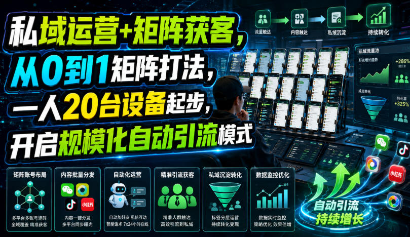 私域运营+矩阵获客，从0到1矩阵打法，一人20台设备起步，开启规模化自动引流模式！-资源社