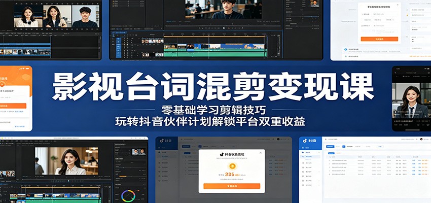影视台词混剪变现课:零基础学习剪辑技巧,玩转抖音伙伴计划解锁平台双重收益-资源社