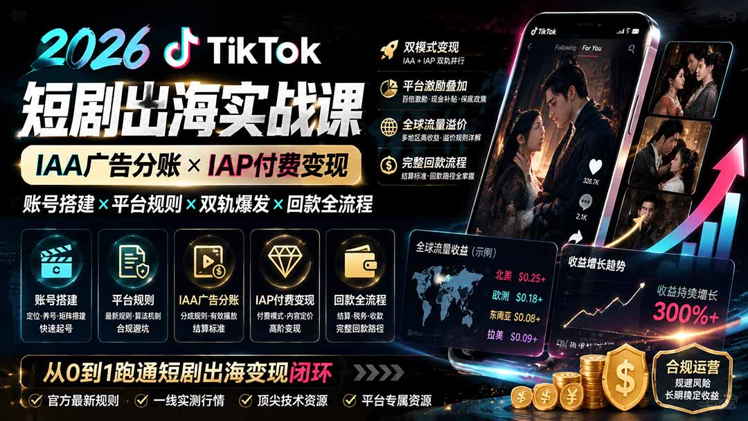 2026TikTok短剧出海实战课:IAA广告分账×IAP付费变现×账号搭建×平台规则×双轨爆发×回款全流程-资源社