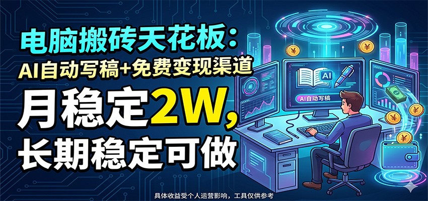 电脑搬砖天花板：AI自动写稿+免费变现渠道，月稳定2W，长期稳定可做-资源社