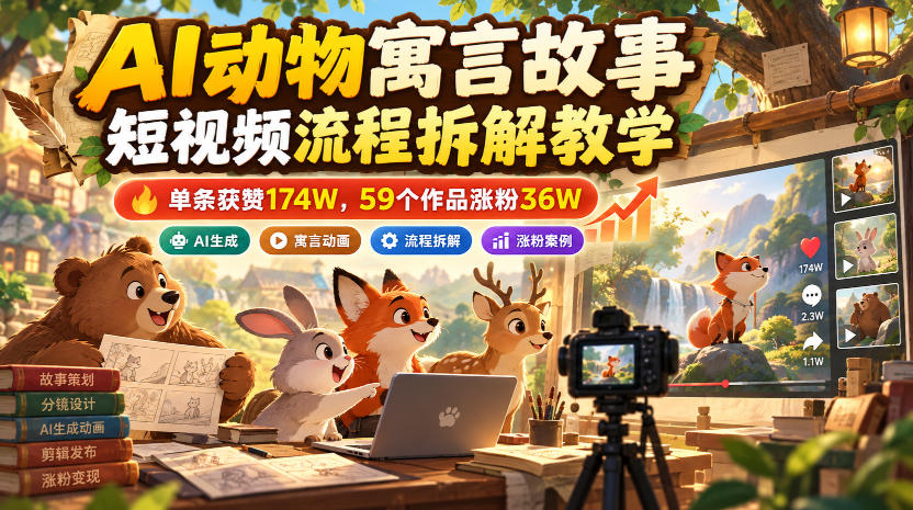 AI动物寓言故事短视频流程拆解教学,单条获赞174W,59个作品涨粉36W-资源社