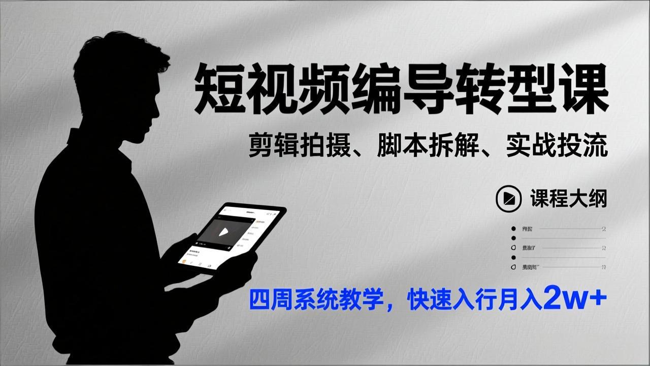 短视频编导转型课，剪辑拍摄、脚本拆解、实战投流，四周系统教学，快速入行月入2w+-资源社