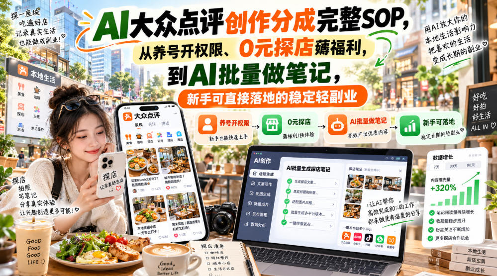 【无水印】AI大众点评创作分成完整SOP,从养号开权限、0元探店薅福利,到AI批量做笔记,新手可直接落地的稳定轻副业-资源社