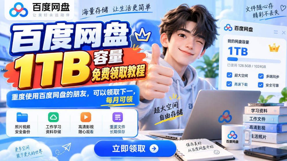百度网盘1TB容量免费领取教程,重度使用百度网盘的朋友,可以领取下一,每月可领-资源社