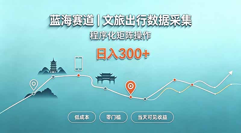 蓝海赛道  文旅出行数据采集  程序化矩阵操作    低成本  零门槛   当天可见收益   日入300+-资源社
