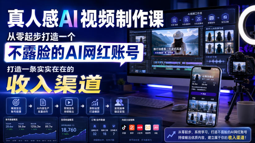 真人感AI视频制作课，从零起步打造一个不露脸的AI网红账号，打造一条实实在在的收入渠道【原创双语字幕】-资源社