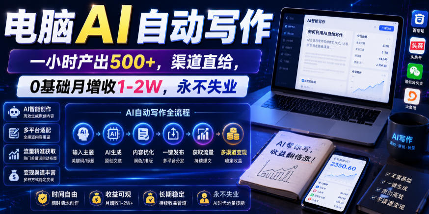 电脑AI自动写作,一小时产出500+,渠道直给,0基础月增收1-2W,永不失业【揭秘】-资源社