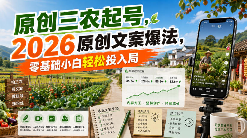 原创三农起号,2026原创文案爆法,零基础小白轻松投入局-资源社