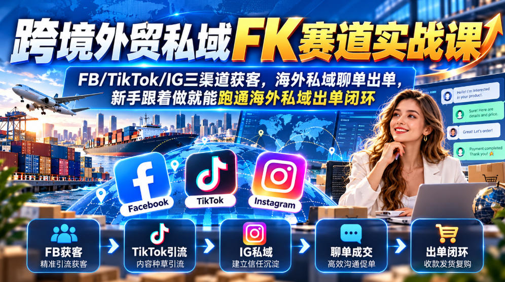 跨境外贸私域FK赛道实战课|FB/TikTok/IG三渠道获客,海外私域聊单出单,新手跟着做就能跑通海外私域出单闭环-资源社