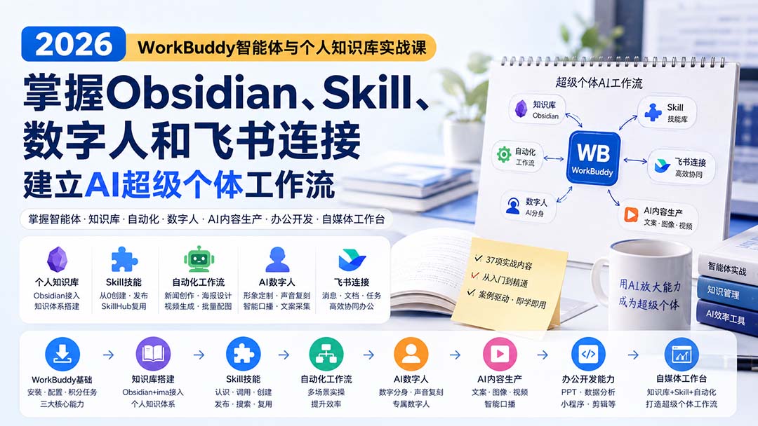 2026 WorkBuddy智能体与个人知识库实战课：掌握Obsidian、Skill、数字人和飞书连接，建立AI超级个体工作流-资源社