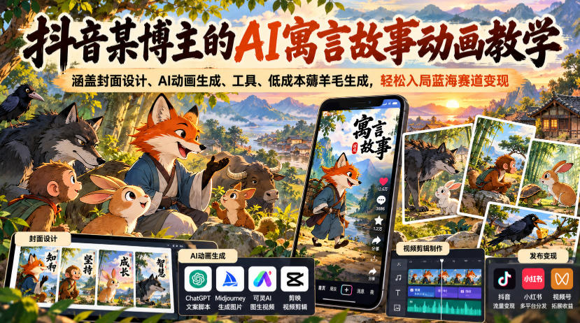 抖音某博主的AI寓言故事动画教学，涵盖封面设计、AI动画生成、工具、低成本薅羊毛生成，轻松入局蓝海赛道变现-资源社