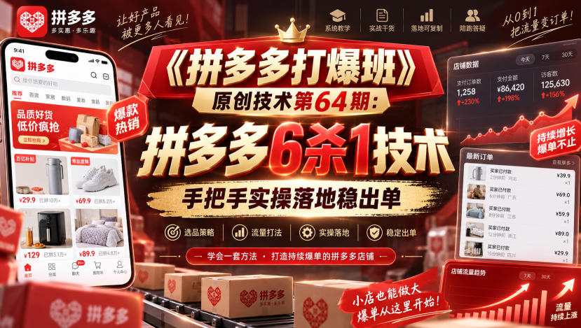 《拼多多打爆班》原创技术第64期:拼多多6杀1技术,手把手实操落地稳出单-资源社
