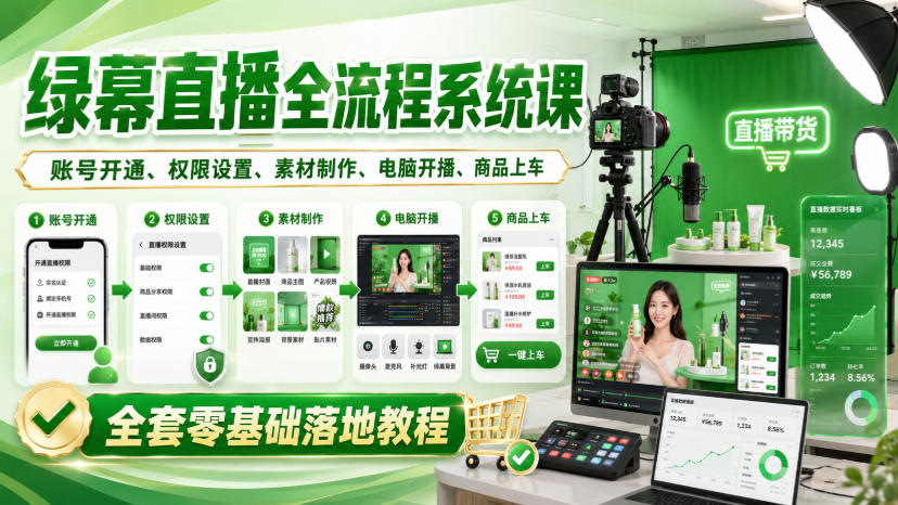 绿幕直播全流程系统课,账号开通、权限设置、素材制作、电脑开播、商品上车全套零基础落地教程-资源社