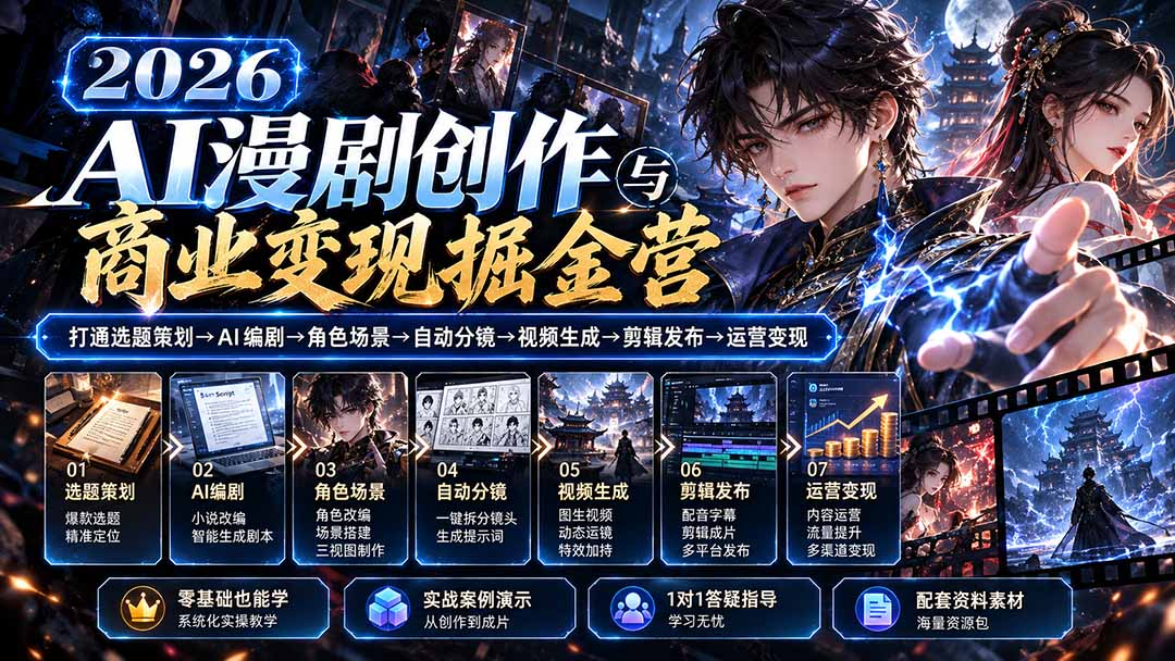 【无水印】2026AI漫剧创作与商业变现掘金营:打通选题→AI编剧→角色场景→自动分镜→视频生成→剪辑发布→运营变现-资源社