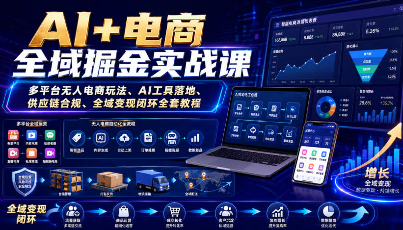 AI+电商全域掘金实战课｜多平台无人电商玩法、AI工具落地、供应链合规、全域变现闭环全套教程-资源社