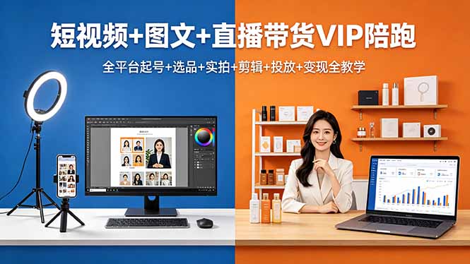 短视频+图文+直播带货VIP陪跑，全平台起号+选品+实拍+剪辑+投放+变现全教学-资源社