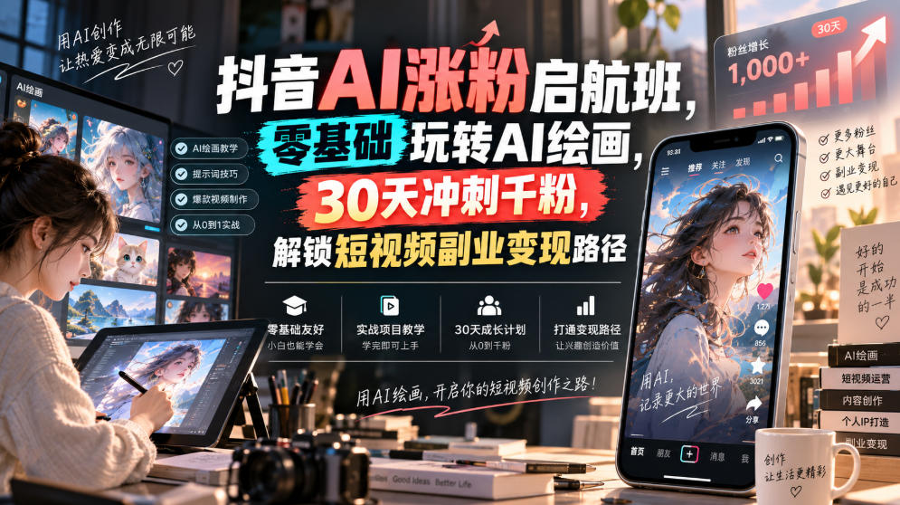 抖音AI涨粉启航班，零基础玩转AI绘画，30天冲刺千粉，解锁短视频副业变现路径-资源社
