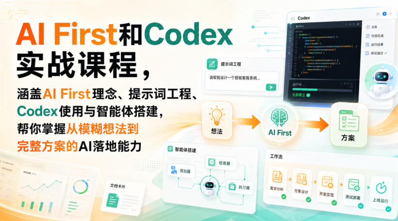 AI First和Codex实战课，涵盖AI First理念、提示词工程、Codex使用与智能体搭建，掌握从模糊想法到完整方案的AI落地能力-资源社