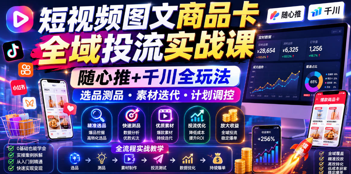 短视频图文商品卡全域投流实战课,随心推+千川全玩法,选品测品・素材迭代・计划调控,提升ROI爆单增收教程-资源社