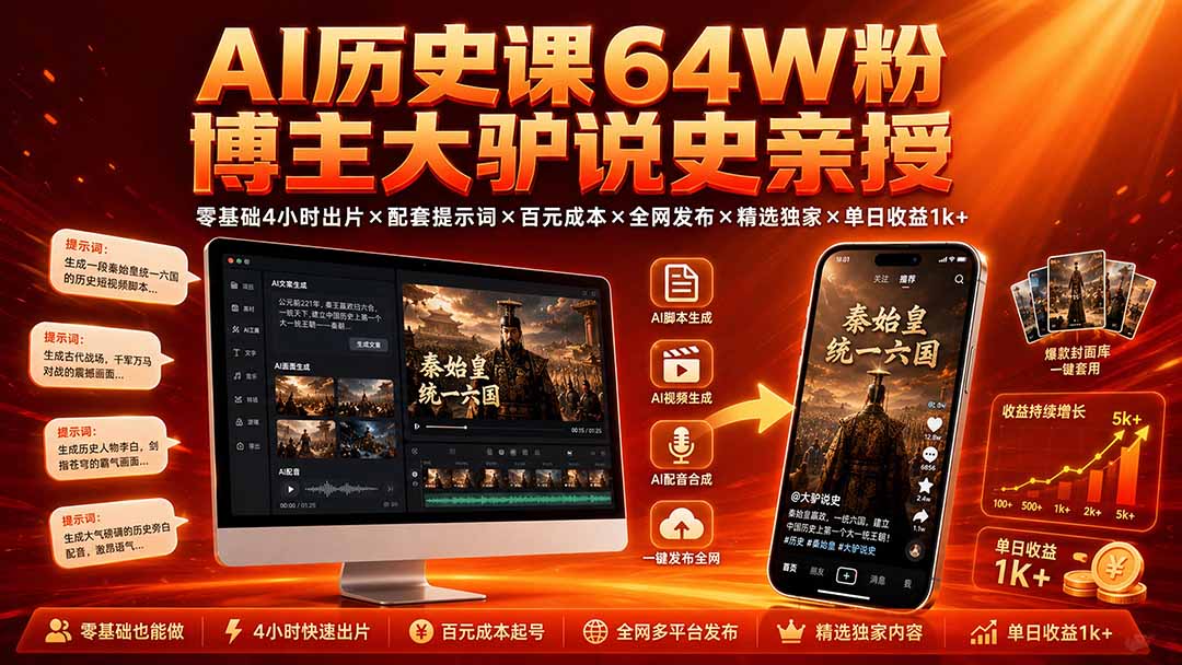 AI历史课64W粉博主大驴说史亲授：零基础4小时出片×配套提示词×百元成本×全网发布×精选独家×单日收益1k+-资源社