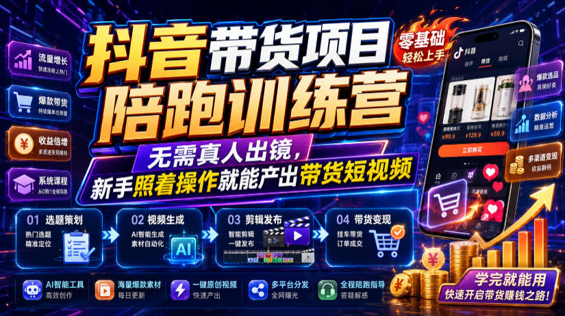 抖音带货项目陪跑训练营,无需真人出镜,新手照着操作就能产出带货短视频-资源社