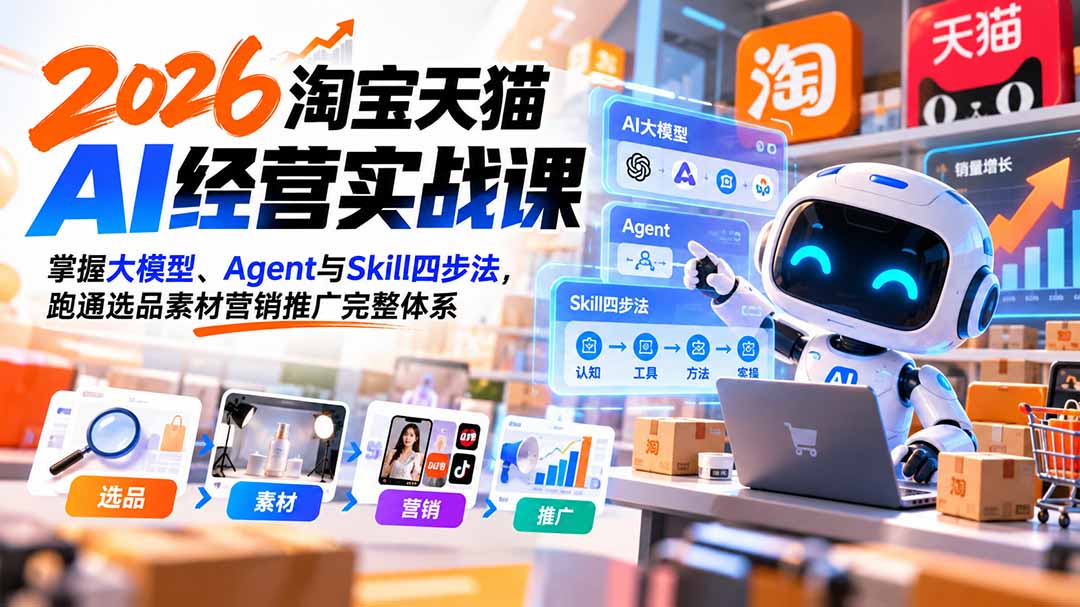 【无水印】2026淘宝天猫AI经营实战课：掌握大模型、Agent与Skill四步法，跑通选品素材营销推广完整体系-资源社