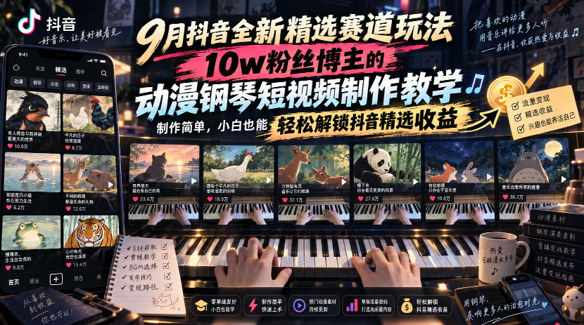 9月抖音全新精选赛道玩法，10w粉丝博主的动漫钢琴短视频制作教学，制作简单，小白也能轻松解锁抖音精选收益-资源社